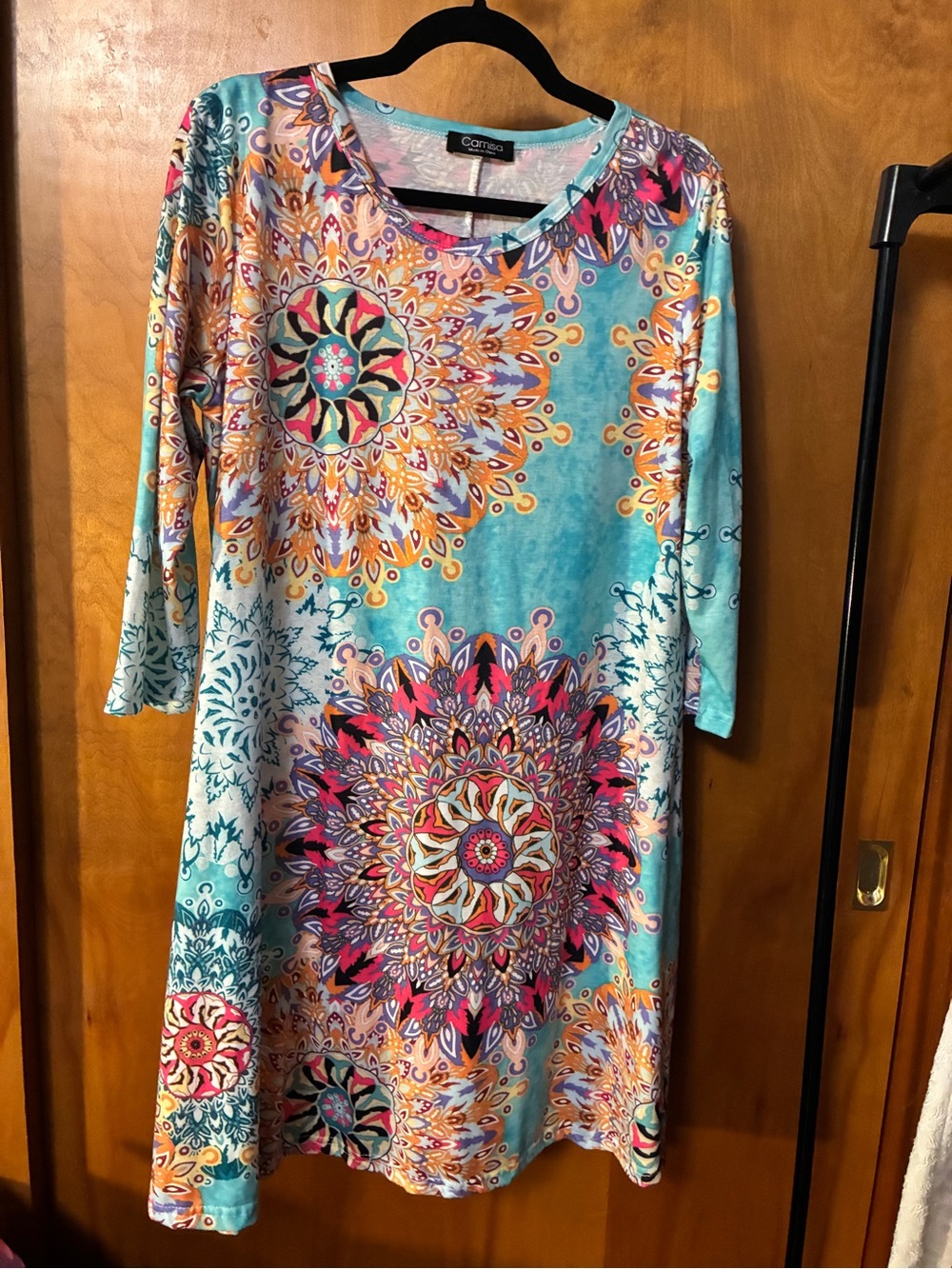 Camisa Floral Mandala Print Dress Aqua 3/4 sleeves pockets